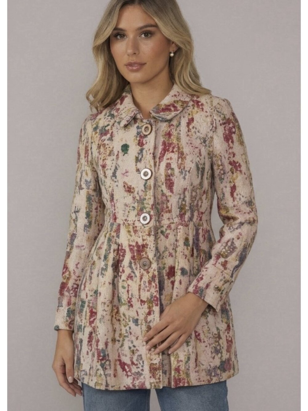 Anthropologie Elevenses Blurred Fresco Coat 4 Women Cream Pink Button Front Wool